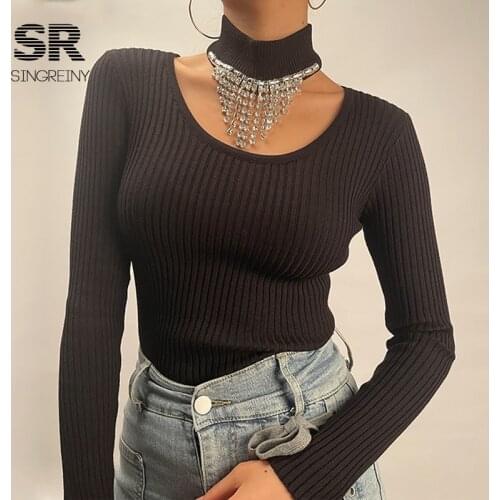 SINGREINY Winter Diamonds Knitted Sweaters Women O Neck Brick chain Shiny Knit Tops Fashion Thick Warm Glisten Sweaters