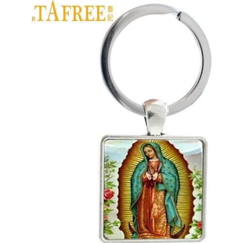 TAFREE Our Lady of Guadalupe keychain Square vintage Blessed Virgin Mary religious men women keyring Christian jewelry AA90