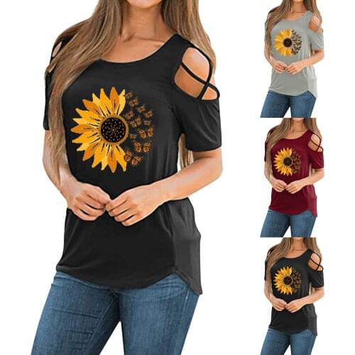 Women Short Sleeve Round Neck Sunflower Printing T-Shirt Exposed shoulders Tee Tops Solid Color Blouse Daily All-match T-shirt