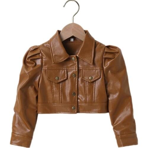 2-7Y Toddler Girls Leather Jacket Solid Color Turn-Down Collar Long Sleeve Short Jacket Button Down Autumn Coat Jacket Top