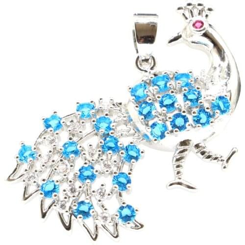 32x45mm Delicate Peacock Shape Created Smoky Paris Blue Topaz Tourmaline Bright Zircon Ladies Eye Catching Silver Pendant