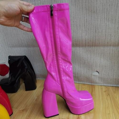 Sexy Patent leather Candy color Platform Ladies Boots 2021 Autumn Winter New Thick High heel Square Toe Womens Shoes Black Red