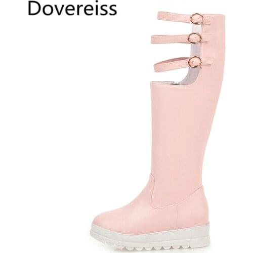 Dovereiss Fashion Female boots Winter Elegant new sexy pink white consice Buckle Zipper Wedges Knee high boots 43