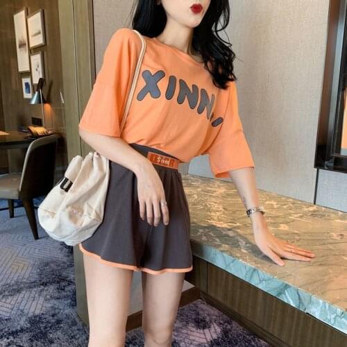 Summer 2021 New Womens Suit Korean Loose Cool Fashion Letter Printing Short-Sleeved Shorts Casual Home Set Woman 2 Pieces