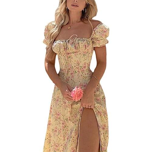 Womens Summer Long Dress Puff Short Sleeves Lace Up Chest Floral Printed High Splitting Long for Female