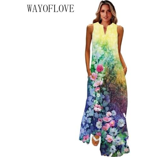 WAYOFLOVE Floral Print Beach Maxi Dress Women Elegant Casual Plus Size Long Dresses Summer Woman Sleeveless Girl Robe Dress 2021