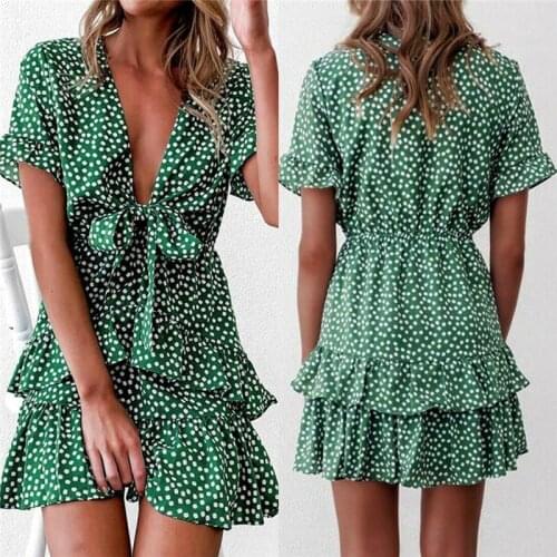 Women Summer Boho Mini Dress Printed Floral Ruffle Mini Sundress Knot Deep V-Neck Beach Party Holiday Dress Femme Sexy Vestido