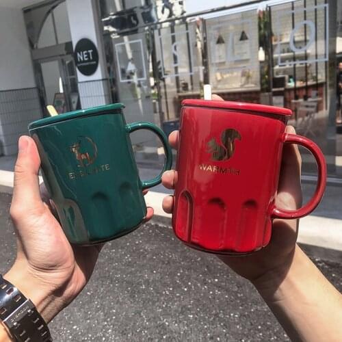 4 color hand painted gold ceramic mug with lid spoon,Morning Mug Milk Coffee Tea Breakfast cups Drinkware teacup