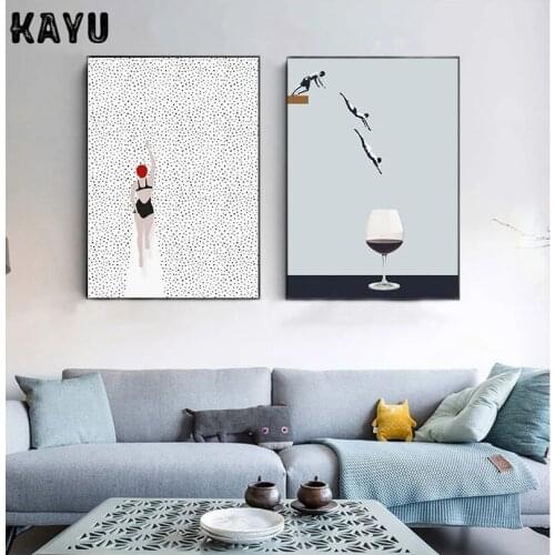 Abstract Nordic Poster Swim Wine Glass Canvas Painting Wall Art Pictures For Living Room Decorative Prins On The Wall