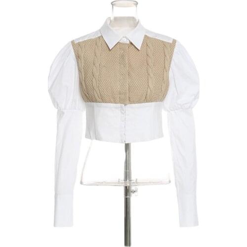 European Palace Style Puff Sleeve White Shirt Self-Design Women Twist Knitted Stitching Fake Two Piece Blouse Cute Short Tops