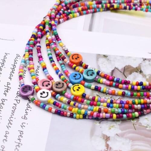 Boho Simple Choker Necklace Ceramics Beads Necklace Colorful Rice Beaded Smiling Face Charm Statement Short Necklace for Women