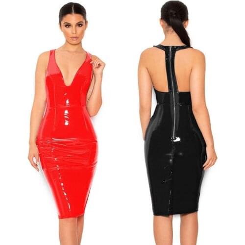 Plus size Sexy Backless PVC Leather Dress Back Zip Bodycon Dress Black Red Wet Look Latex Party Club Midi Dress Vestidos 6XL