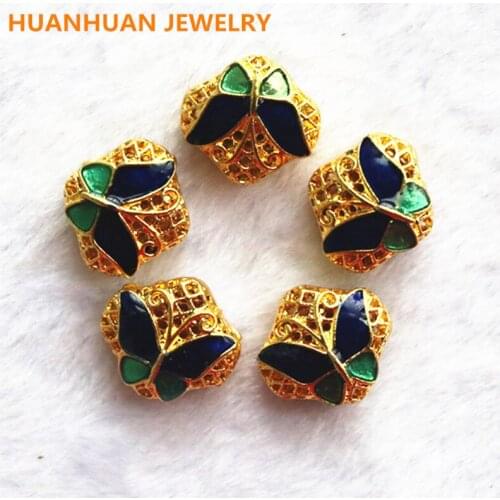 5pcs styles Small pendant Enamel Lotus Blue Charm Beads Cloisonne Flowers for women men ethnic Jewelry Making DIY Accessories
