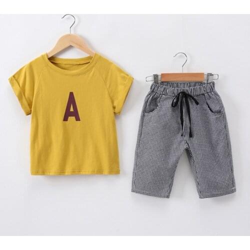DFXD 2018 Summer Korean Style Teens Girls 2pc Outfits Letter Print Short Sleeve T-shirt+Plaid Pant Children Clothing Sets 3-12Y
