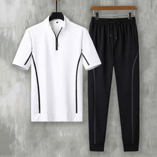 Summer Men Sportswear Zipper Drawstring Loose Stand Collar Short Sleeve T-shirt Elastic Waist Pants Set for Fitness Activewear