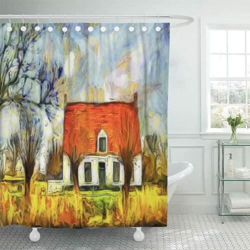 Set Shower Curtain Waterproof Adjustable Polyester Fabric Rustic House at The Bank of Damme Canal in Belgium Turned Into Van Gog