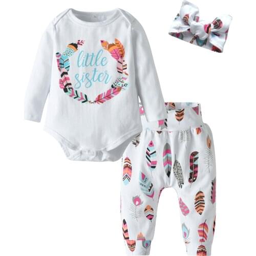 Newborn Girls Clothing Sets Little Sister Letter Long Sleeve Bodysuit+High Waist Pants+Headband Infant Toddler Clothes