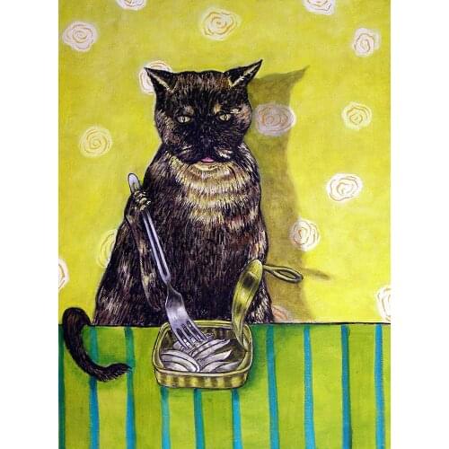 Cat torti eating sardines cat artwork animal art mural living room bedroom decoration Canvas Painting Home Decor