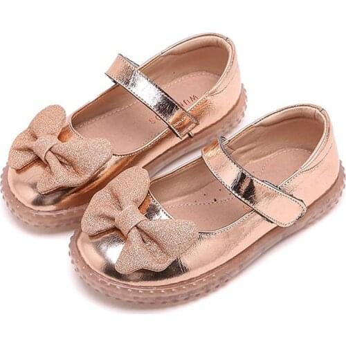 Leather Girls Mary Jane Shoes 2020 Glitter Bows Party Dress Princess Shoes School Performance Little Girls Wedding Flats Shoes