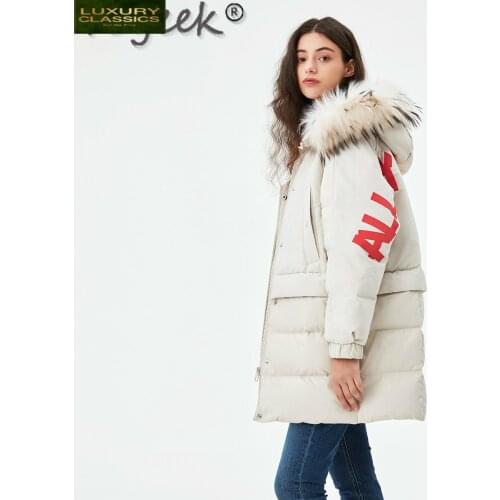 Fashion High Printing Quality Womens Down Jacket Raccoon Fur Collar Female Winter Parkas Women Coats Chaqueta Mujer 180