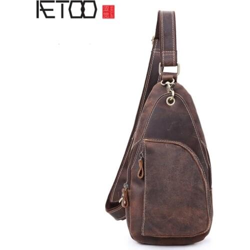 AETOO Mens leather chest bag, retro crazy horse leather messenger bag, handmade trendy mens bag