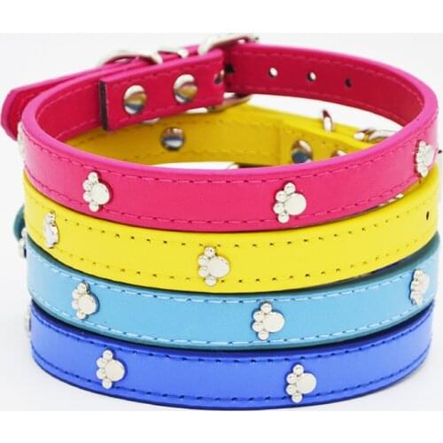 Brand New Cute 4 Colors Paw Pet Dog Collars Durable PU Leather Adjustable Puppy Cat Strap Collars Pet Products Free Shipping