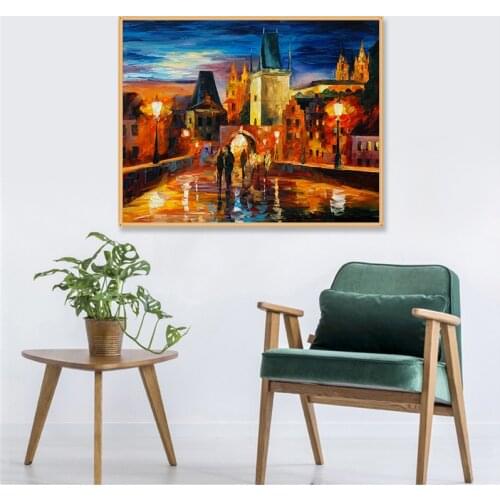 Framed Prague Oil Painting on Canvas Night Landscape Wall Decoration Maison Home Decor Gift Free shipping