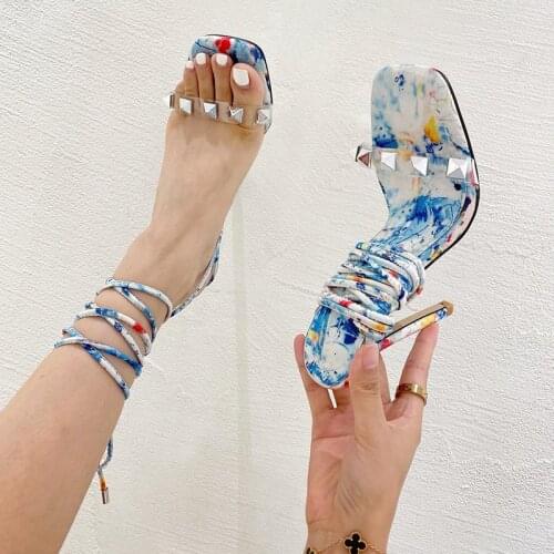 Stiletto Sandals High-heeled Sexy Party Mixed Color Ankle Strap Cross-tied Rivet Thin Heels for Women Roman Big Size Non Slip