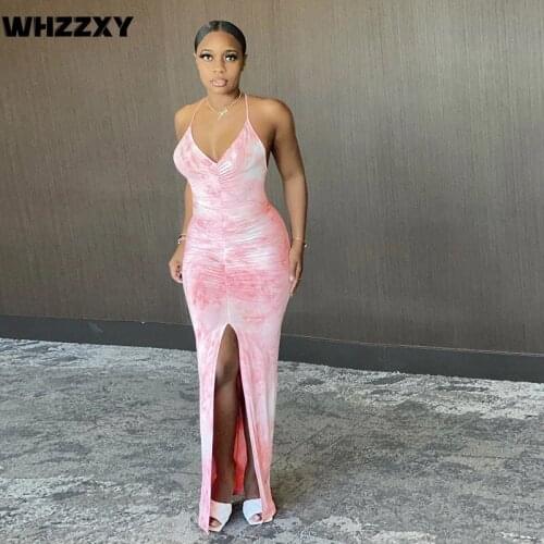 Tie Dye Sexy Split Dresses 2020 Summer Women Fashion Sleeveless V-neck Halter Dress Streetwear Outfits Party Club Length Dress