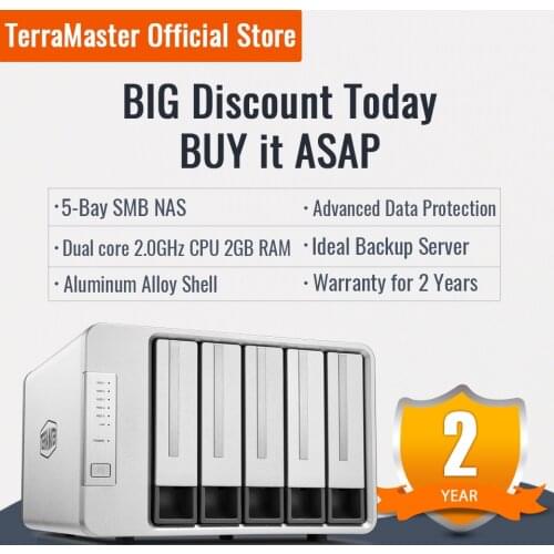 TerraMaster F5-221 NAS 5-Bay Cloud Storage Intel Dual Core 2.0GHz Plex Media Server Network Storage (Diskless)
