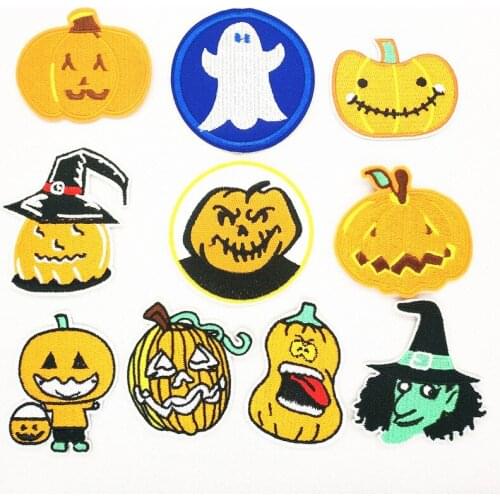 Cute Pumpkin Lantern Patches Iron On Embroidered Appliques Cartoon Halloween 3D Diy Witch Ghost Badges Clothes Jeans Coat Decor