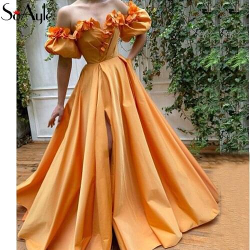 SoAyle Arabic Off the Shoulder Prom Dresses Morocco Kaftan Slit Evening Party Gowns Orange Festiva Long