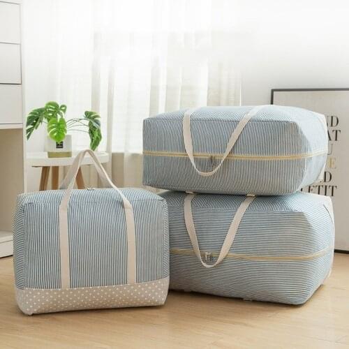Blue Stripe Wardrobe Storage Bags Portable Luggage Organizer Clothes Finishing Bag Blanket Package Case Durable Zipper Handbag