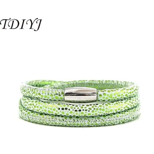 TDIYJ 6Pcs Fashion Green Sparkling Genuine Sheepskin Leather Warp Charms Bracelet with Magnetic Clasp Three Layers Special Gift