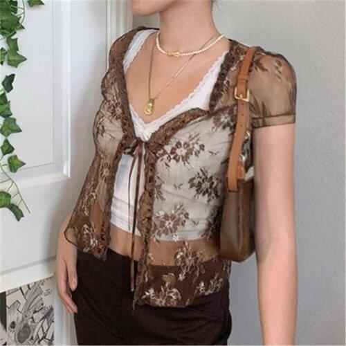 Y2K Fashion Brown Lace Bandage Crop Tops Vintage V-neck Short Sleeve T-shirts Transparent Streetwear Sweet Cute Outfits