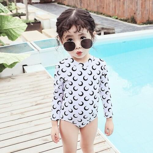 Wyoturn Childrens Long Sleeve Halter One-piece Swimsuit Cute Girl Crescent Moon Printed Sunscreen Swimsuit Kids Rash Guard