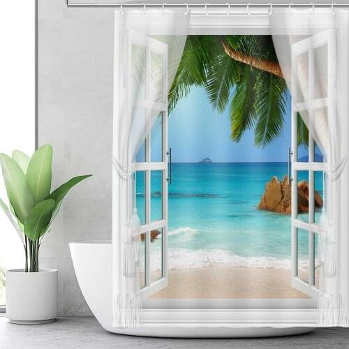 Beach Scenery Window View Shower Curtain Ice Snow Forest Frosty Curtains in the bathroom Waterproof Polyester Bath Screens