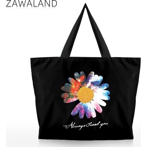 Zawaland Women Daisy Canvas Handbag Zipper Top Handle Bag Large Capacity Casual Shoulder Bag Students Girls Shopping Travel Tote
