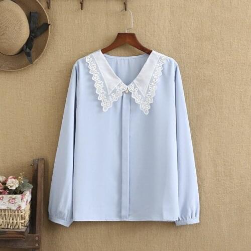 Plus Size Women Clothing Crochet Collar Long Sleeves Chiffon Womens Blouses and Shirts Put 0n In The Spring And Fall