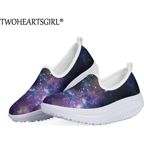 Twoheartsgirl New Purple Womens Sneakers Platform Toning Wedge Shoe Galaxy Print Nursing Shoes for Women Slip-on Swing Shoes