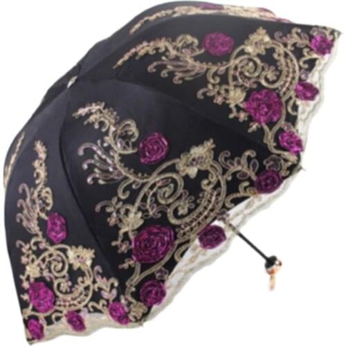 Three Fold Lace Double Layer Embroidered Umbrella Rain Sea Otter Black Sunscreen Anti-UV Sun Umbrella Women Gift Umbrella