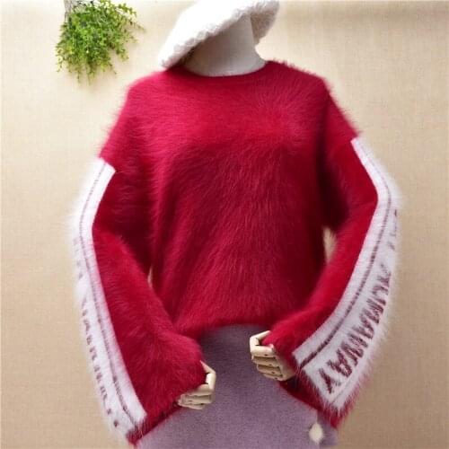 Ladies women fashion hairy fluffy mink cashmere o-neck long flare sleeves colored pullover angora rabbit fur winter jumper pull