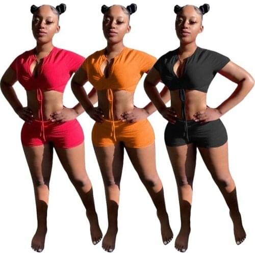 Adogirl Womens Ribbed Tracksuit Deep V Neck Pleated Short Sleeve Crop Top+ High Waist Elastic Shorts Summer Female 2 Piece Set
