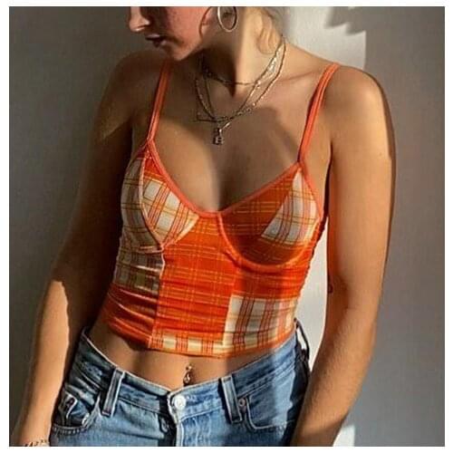 NEW 2021 Womens Sexy Camisole Classic Plaid Print Spaghetti Strap Backless Crop Cami Tops Orange V-Neck Sexy Vest Summer