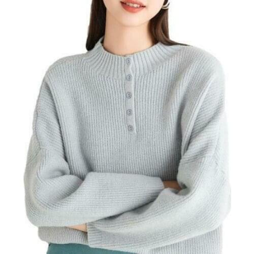 Womens Loose Fit Knitted Sweater Warm Crew Neck 1/2 Button Pullover Chic Tops D