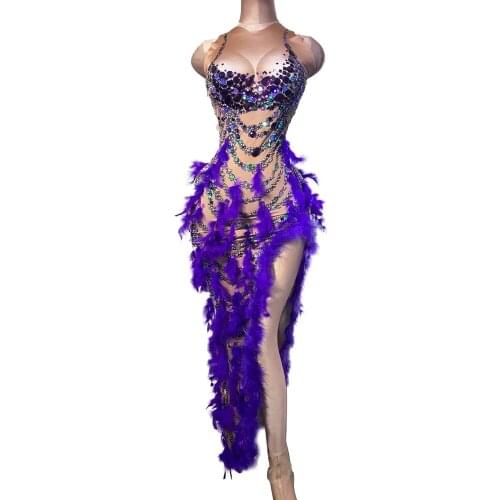 Sexy Purple Crystal Feather Long Dress Women Stretch Nude Evening Party Bodycon Dress Singer Stage High Slit Rhinestone Dress