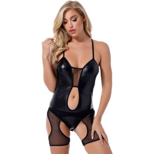 Women Sexy Teddies Catsuit Hot Patent Leather Bodysuit See-through Mesh Romper Leotard Cutout Adjustable Shoulder Strap Jumpsuit