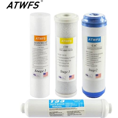 ATWFS 4 Stage Water Filter System Cartridge Purifier 10'' PP Cotton Filiter Activated Carbon Filter T33 for Reverse Osmosis
