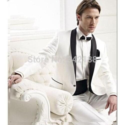 FREE SHIPPING!TOP SALE Slim Fit One Button Ivory Groom Tuxedos Black Lapel Best Man Groomsmen Men Wedding Suits Bridegroom