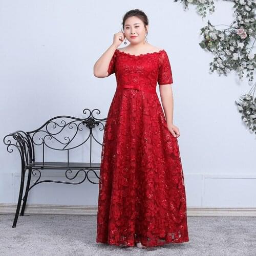 Flowers Formal Prom Dress Red Plus Size Lace A-Line Floor-Length Regular Simple Boat Neck Women Party Gown Elegant Dresses D015